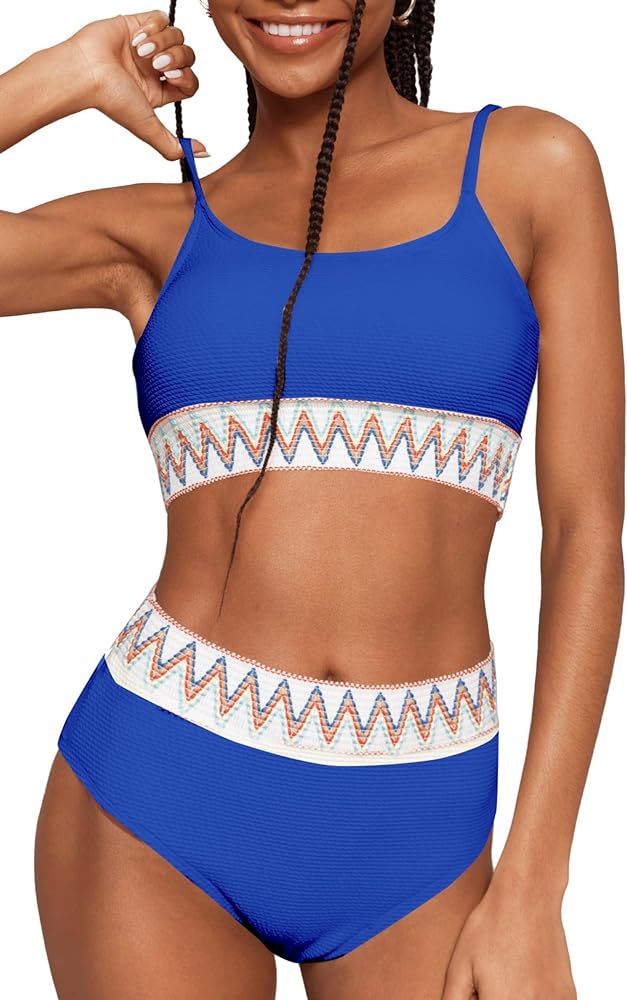 Adisputent Womens High Waisted Bikini Sets Ribbed Color Block Swimsuits Crop Top Scoop Neck Swimw... | Amazon (US)