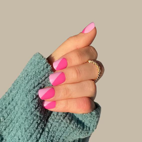 Valentines Day Gift Short Press on Nails Colorblock | Etsy | Etsy (US)