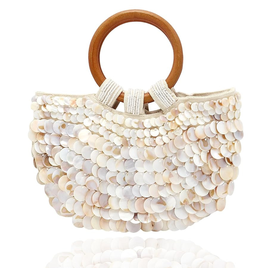 Miuco Shell Purse For Women Handmade Seashell Beaded Clutch Beach Wooden Top Handle Bag | Amazon (US)
