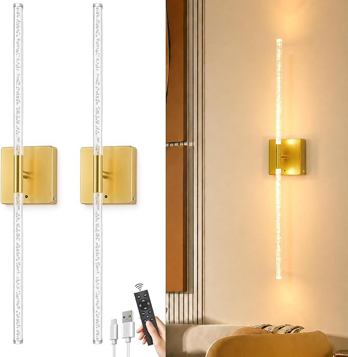 Crystal Wall Sconce Set of 2 Battery Operated: Gold 10000mAh Rechargeable Wireless Wall Lights, 3... | Amazon (US)