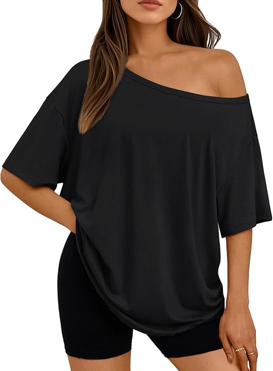 LILLUSORY Off The Shoulder Tops Oversized Tshirts Short Sleeve Basic Tee 2025 Casual Summer Fashi... | Amazon (US)
