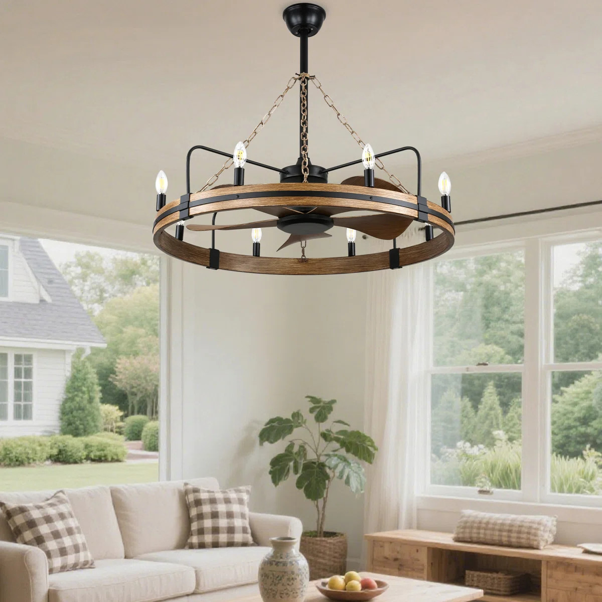 36" Rustic Farmhouse Wagon Wheel Chandelier Ceiling Fan 8-Lights Fan Light Quiet DC Motor 6 Speed... | Wayfair North America