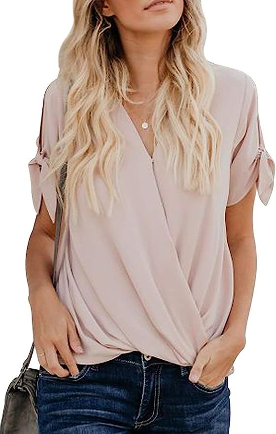 HOTAPEI Womens Casual Short Sleeve Tops Summer Wrap V Neck Chiffon Blouses Loose Fit Shirts | Amazon (US)