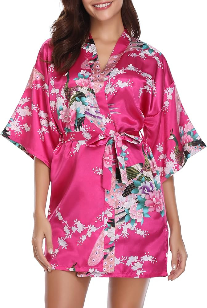 Vlazom Womens Kimono Robes Dressing Gown Satin Bathrobe Nightdress Short Style Bridal Robe | Amazon (US)
