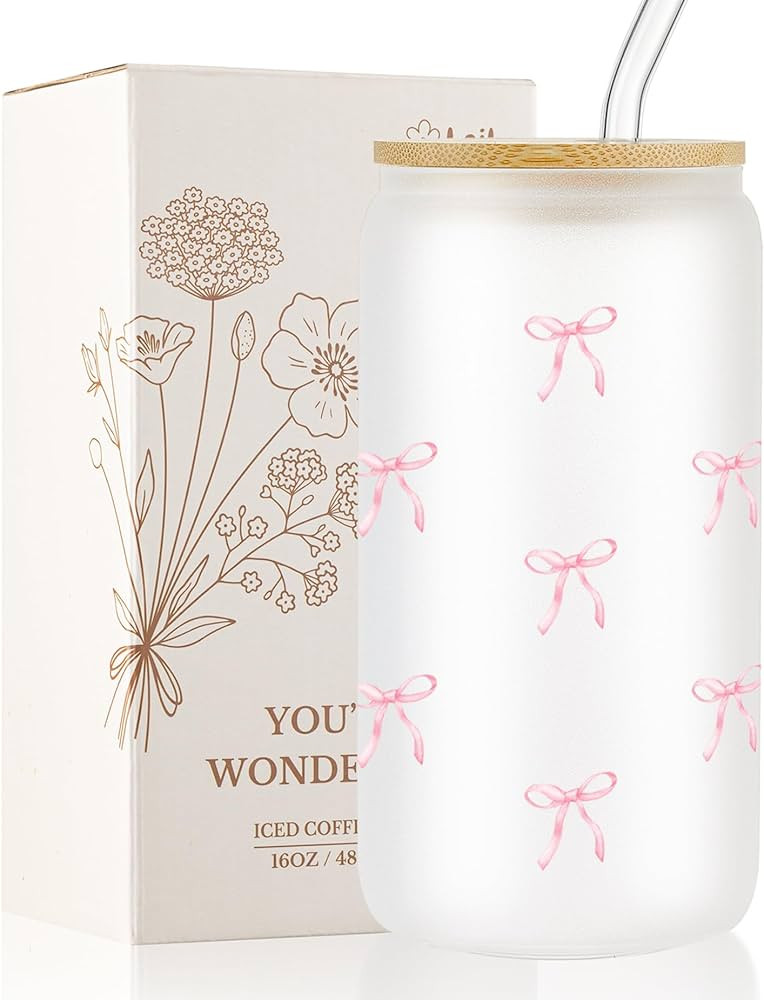 Cute Coquette Pink Aesthetic Bow Glass Cups with Lids and Straws, Preppy Girly Trendy Stuff Gifts... | Amazon (US)