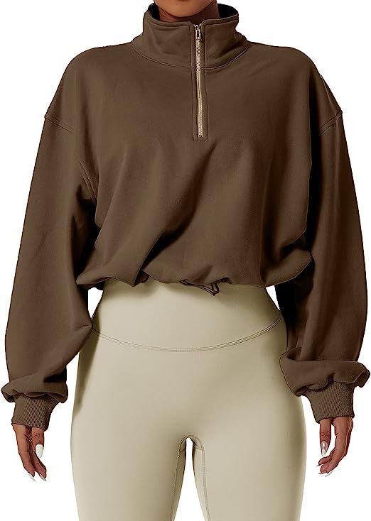QINSEN Women's Half Zip Crop Sweatshirt High Neck Long Sleeve Pullover Athletic Cropped Tops | Amazon (US)