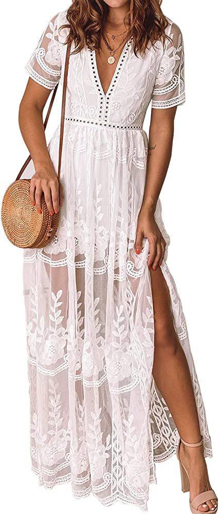 MERMAID'S CLOSET Womens Casual Off Shoulder Maxi Dress White Lace Sleeve Beach Dresses | Amazon (US)