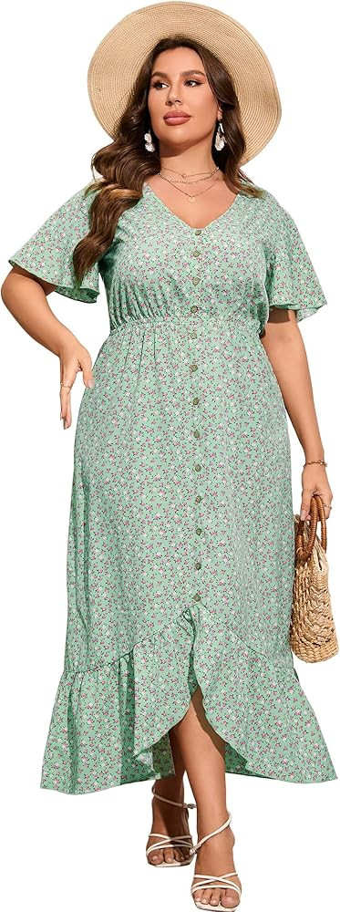 KOJOOIN Women's Plus Size Summer Dress Curvy Women V Neck Button Ruffle Hem High Low Maxi Dress | Amazon (US)