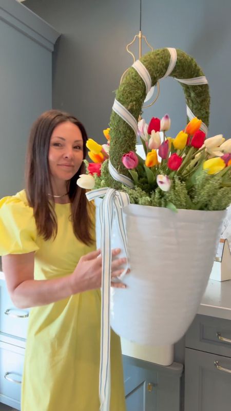 DIY Easter basket planter supplies  and yellow spring dress from @walmart. 
Multiple affordable planters 
Moss peel and stick sheets
Pool noodle
Faux tulips
Foam dome
Ribbon
#walmartpartner #WTYW

#LTKSeasonal #LTKSpringSale