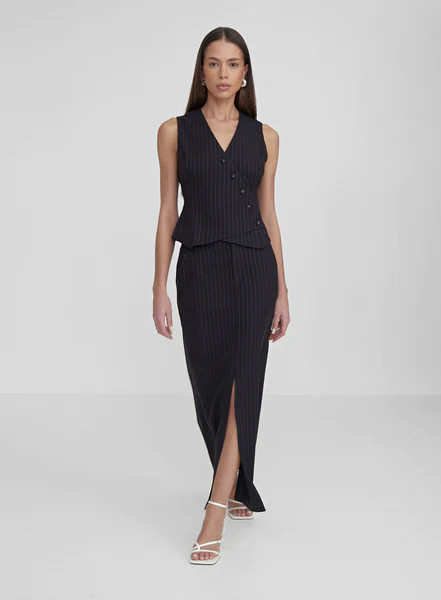 Navy Pinstripe Midaxi Skirt- Ruth | 4th & Reckless