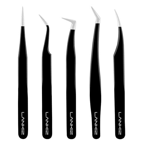LANKIZ Lash Tweezers - Eyelash Extension Tweezers Set - Professional Straight and Curved Eyelash Tweezer - Volume Isolation Application Tweezer for DIY Lash Extension Beginners(5 PCS,Black) | Amazon (US)