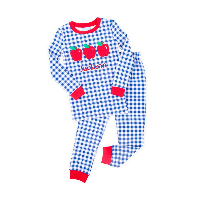 Apple Trio Royal Blue Gingham Pajamas | Classic Whimsy