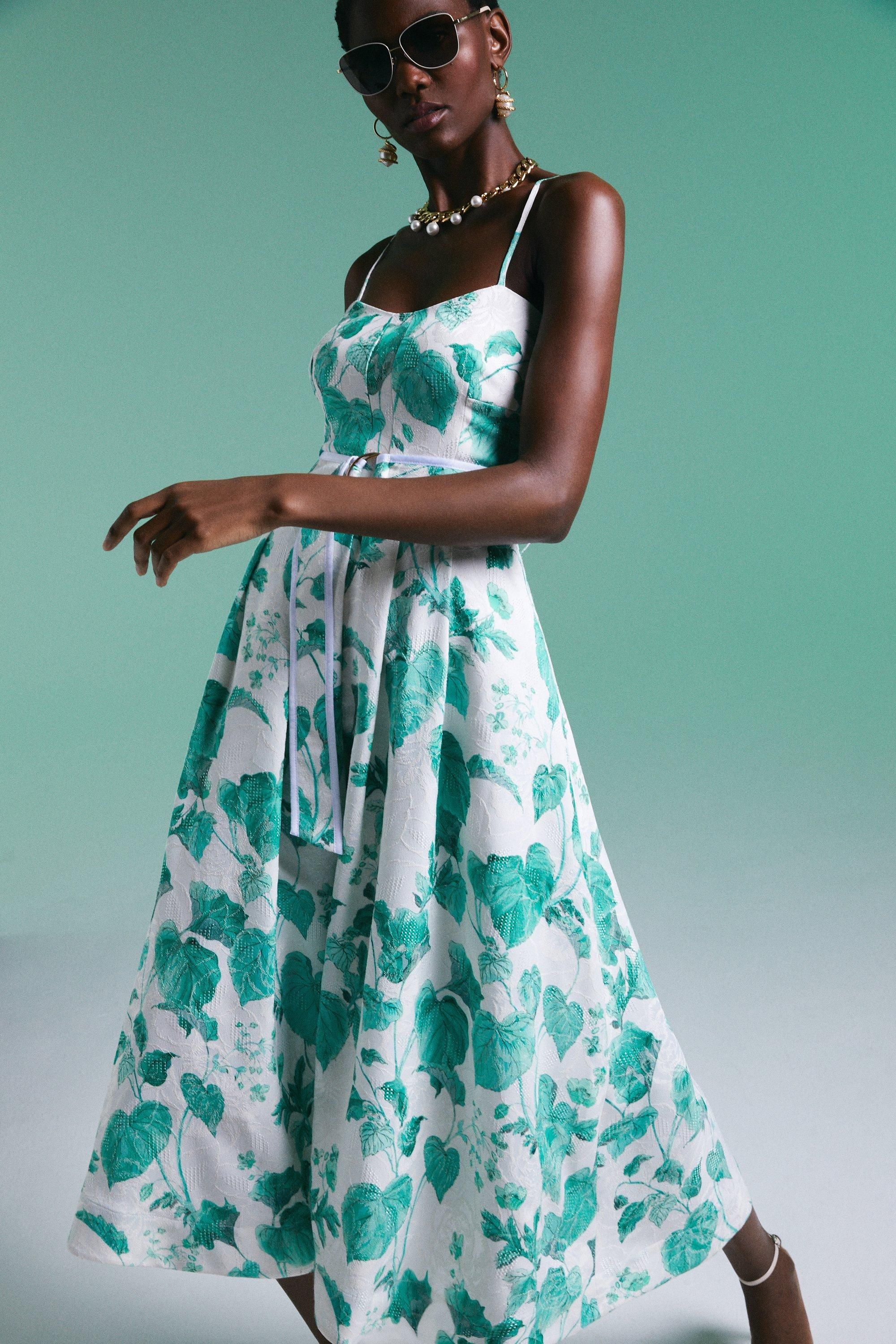 Ivy Leaf Print Woven Belted Midi Dress | Karen Millen UK & IE