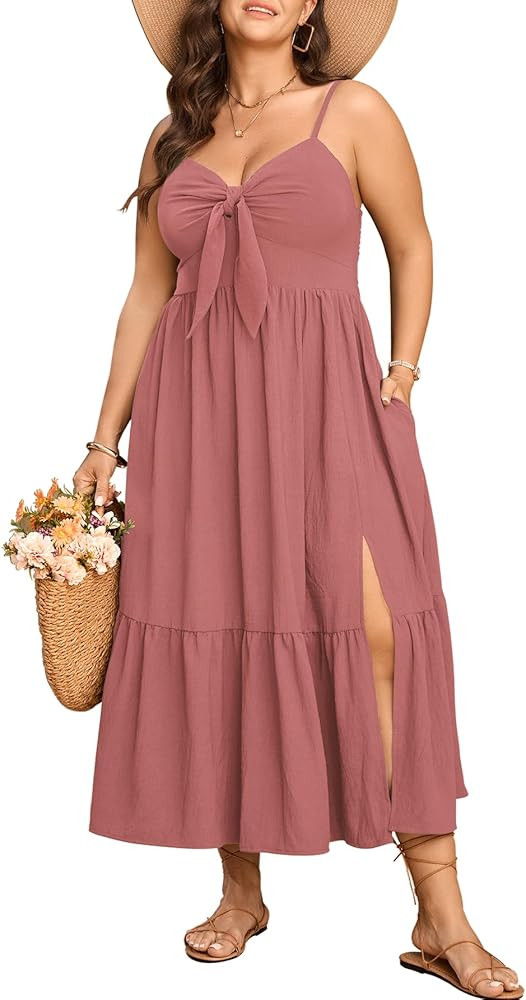SCOMCHIC Womens Plus Size Summer Maxi Sun Dress Spaghetti Strap Tie Front Smocked Ruffle Split Casual Boho Beach Dresses | Amazon (US)