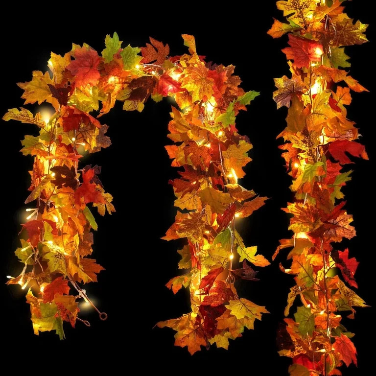 Scidweet Fall Garland with Lights, 2 Pack 12 Ft 60 LED Autumn Maple Leaves Garlands Fall Decorati... | Walmart (US)