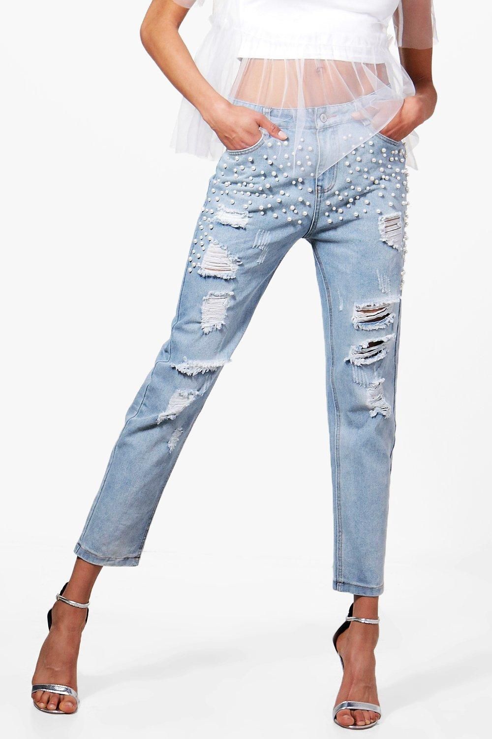 Karina Pearl Embellished Mom Jeans blue | Boohoo.com (US & CA)