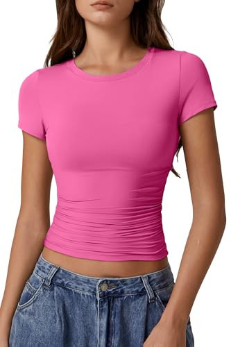 QINSEN Round Neck Short Sleeve Shirts for Women Side Ruched Slim Fit Tees Summer Basic Going Out Tops Magenta XS | Amazon (US)