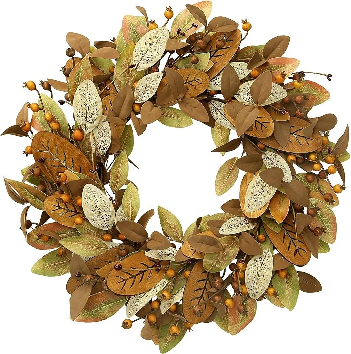 Sggvecsy Fall Wreath 19\u2019\u2019 Artificial Autumn Front Door Wreath with Wooden Dark Magnolia... | Amazon (US)