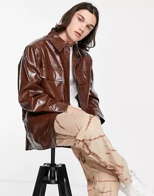 ASOS DESIGN faux leather shacket in embossed brown snake print | ASOS (Global)