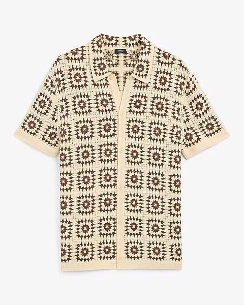 Textured Crochet Natural Short Sleeve Sweater Polo | Express