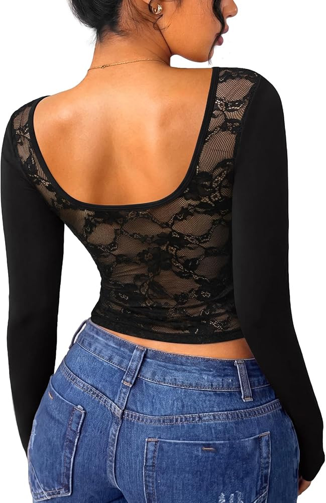 REORIA Women Boat Neck Lace Back Crop Tops Long Sleeve Double Lined Shirts | Amazon (US)