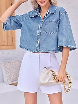 Tankaneo Womens Crop Denim Shirt Half Sleeve Button Down Short Jean Jacket with Pocket | Amazon (US)
