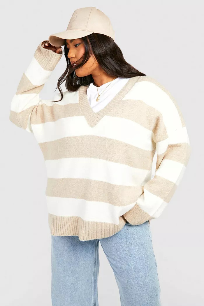 Plus V Neck Stripe Sweater | boohoo (US & Canada)