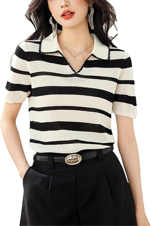 Women's Short Sleeved Knitted T Shirt Summer Fashion Thin Casual Lapel V Neck Loose Striped Tops | Amazon (US)