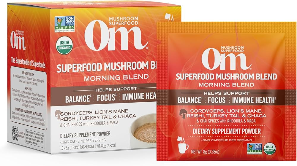 Om Mushroom Superfood Morning Energy Blend Mushroom Powder Drink, Single Serve, 10 Count, Coffee ... | Amazon (US)