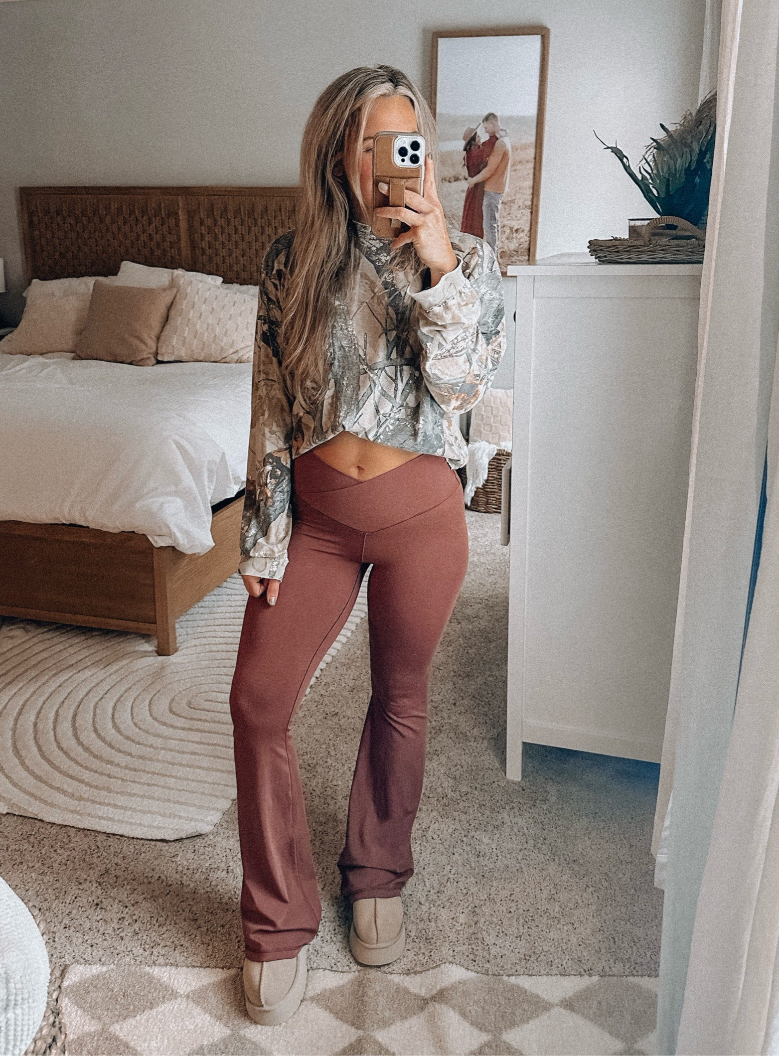 Camo shirt flare leggings Ugg platform fall outfit casual 