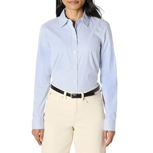 Amazon Essentials Women's Slim-Fit Stretch Poplin Button-Up Dress Shirt, White Blue Mini Stripe, XX-Large | Amazon (US)
