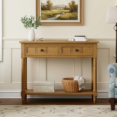 35.4" Traditional Natural Console Table with Drawers and Shelf, Vintage Pine Entryway Table, Compact Sofa Table for Living Room or Hallway-Panipeachy | Target