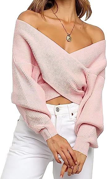 BTFBM Women Casual V Neck Long Sleeve Sweaters Cross Wrap Front Off Shoulder Asymmetric Hem Knitted  | Amazon (US)