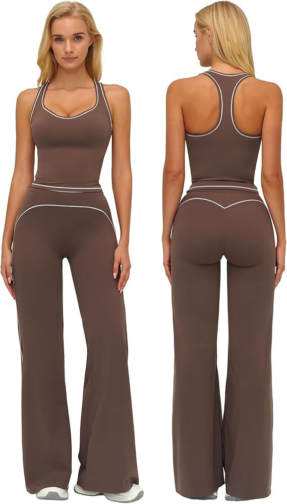 ABOCIW Two Piece Workout Sets for Women Racerback Tank Top Matching High Waist Wide Leg Yoga Pant... | Amazon (US)