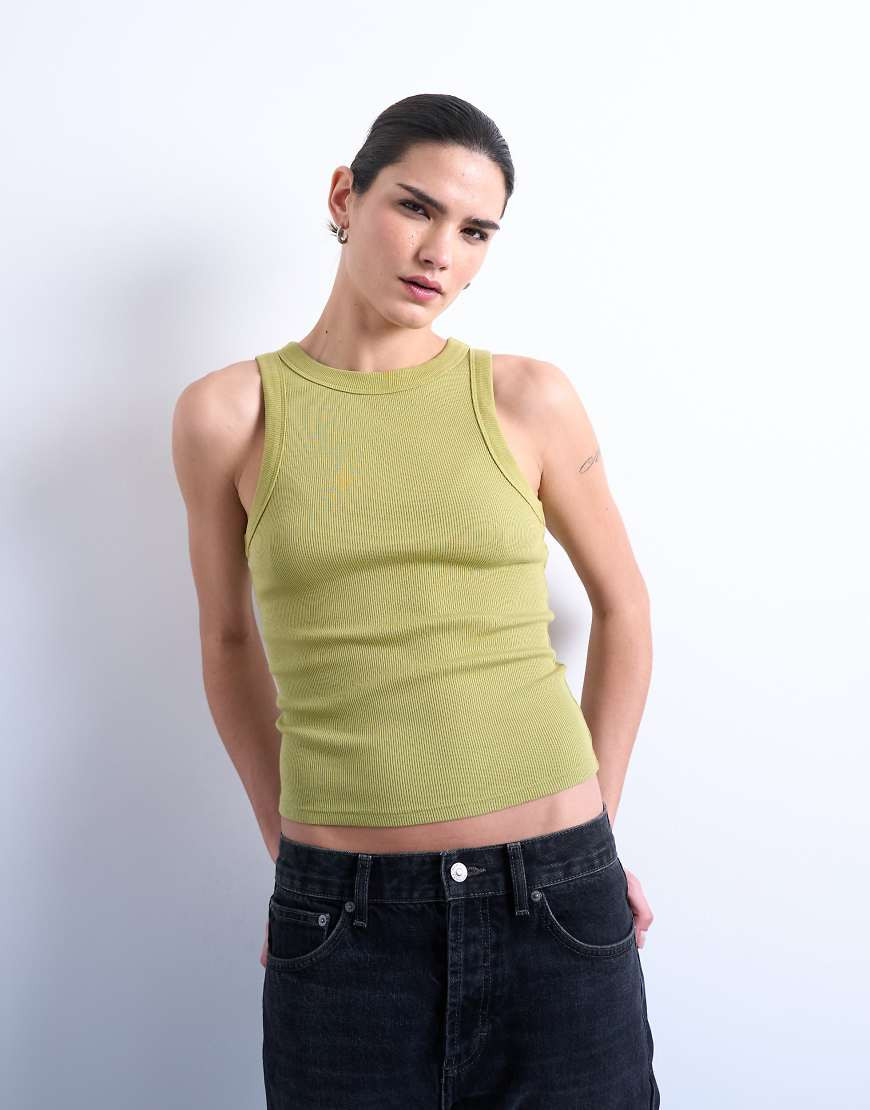 Topshop ribbed racer neck tank top in olive green | ASOS (Global)