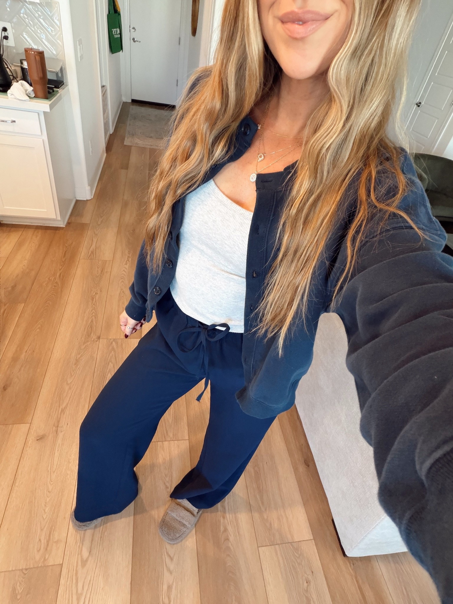 Comfy outfit! Wearing a medium in the pants and got the longer inseam. Wearing a small tank and medium cardigan