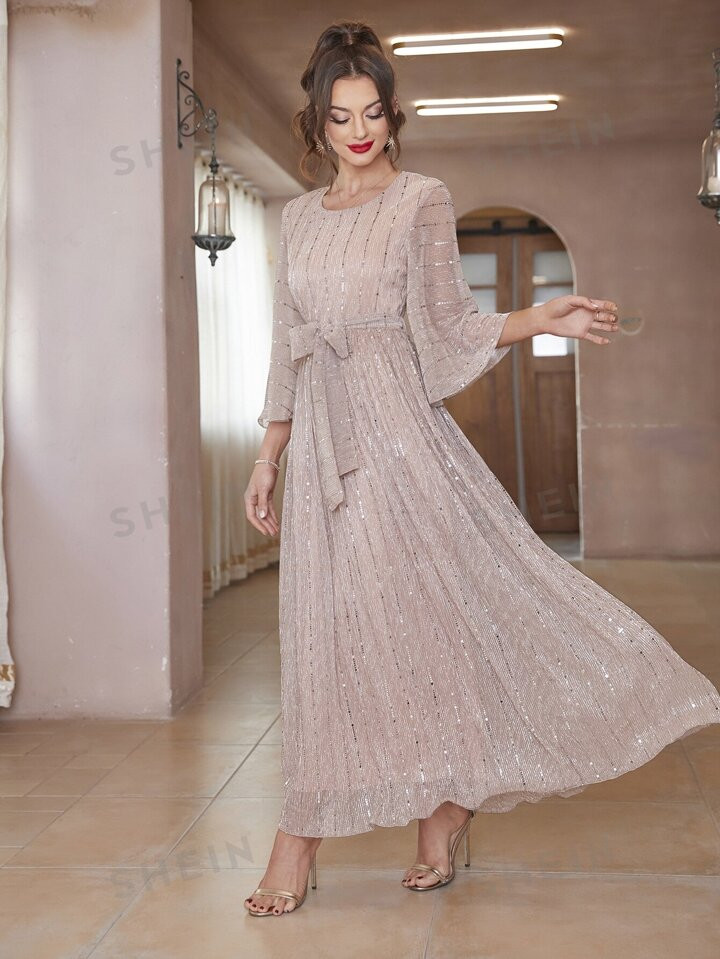 SHEIN Modely Flounce Sleeve Belted Sequins Dress | SHEIN