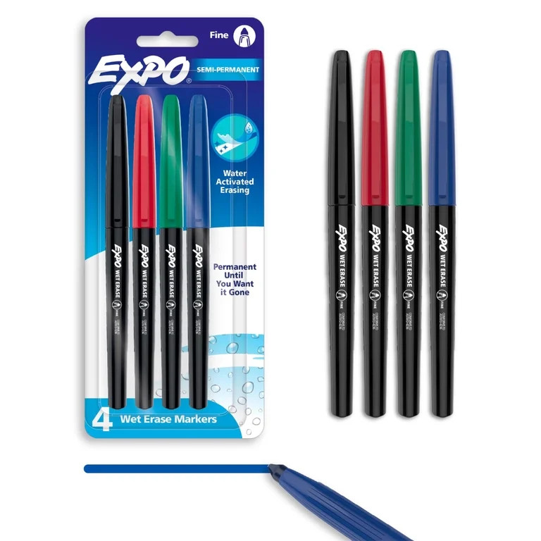 EXPO Wet Erase Markers, Semi-Permanent Markers, Assorted, Fine Tip, 4 Count | Walmart (US)