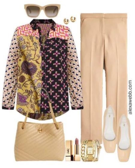 Plus Size Fall Work Capsule 2023 Outfit Idea with a mixed print blouse, beige pants, and square toe flats by Alexa Webb #plussize

#LTKworkwear #LTKover40 #LTKplussize