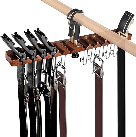 Belt Hanger for Closet, Alder Wood/ 12 Slots + 10 Hooks, Belt Rack, Versatile Belt Organizer Also... | Amazon (US)