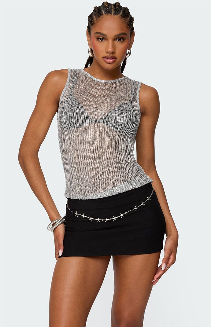 Edikted Women's Amalya Shiny Sheer Knit Top in Silver - Size Medium | PacSun