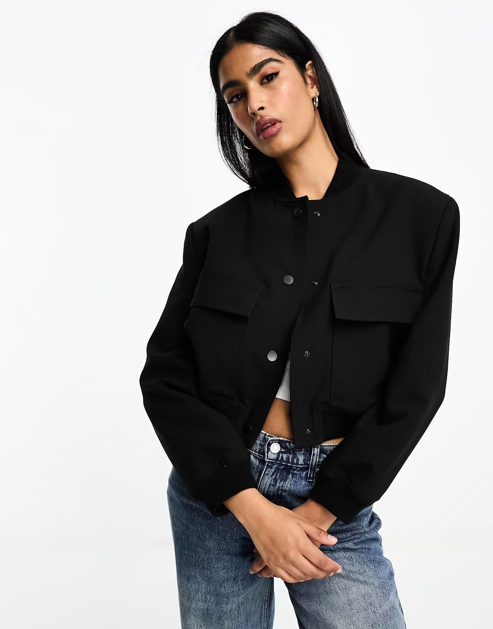 Stradivarius wool blend bomber jacket in black | ASOS (Global)