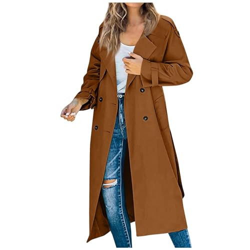 Women's Classic Brown Trench - Double Breasted, Long, Windproof, Plus Size, Spring Fall Overcoat with Belt | Amazon (US)