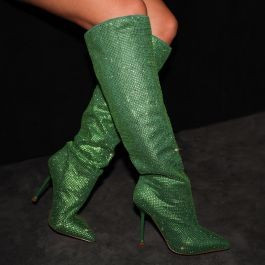 Disco Green Gem Pointed Toe Knee High Boots | Simmi Shoes