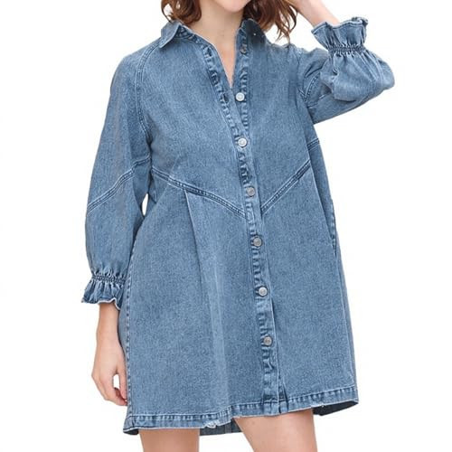 Hivebabe Woman Long Sleeve Button Down Washed Denim Dress, Black, Ruffle Collar, Mini Length | Amazon (US)