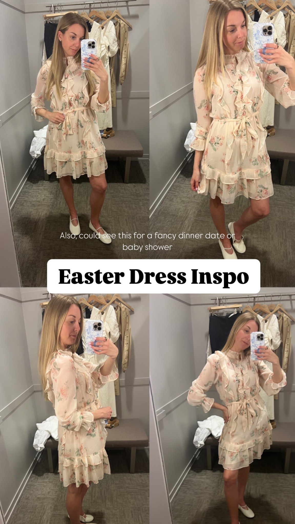 Pretty floral dress in a creamy white, pale pink color mixed with muted florals and frills. I’m wearing size small. I’m 5’8 for reference. 

It’s available at LOFT. Would be perfect for a dressy Easter or Passover occasion, as well as an elevated date night or baby shower event. 

#LTKStyleTip #LTKFindsUnder100