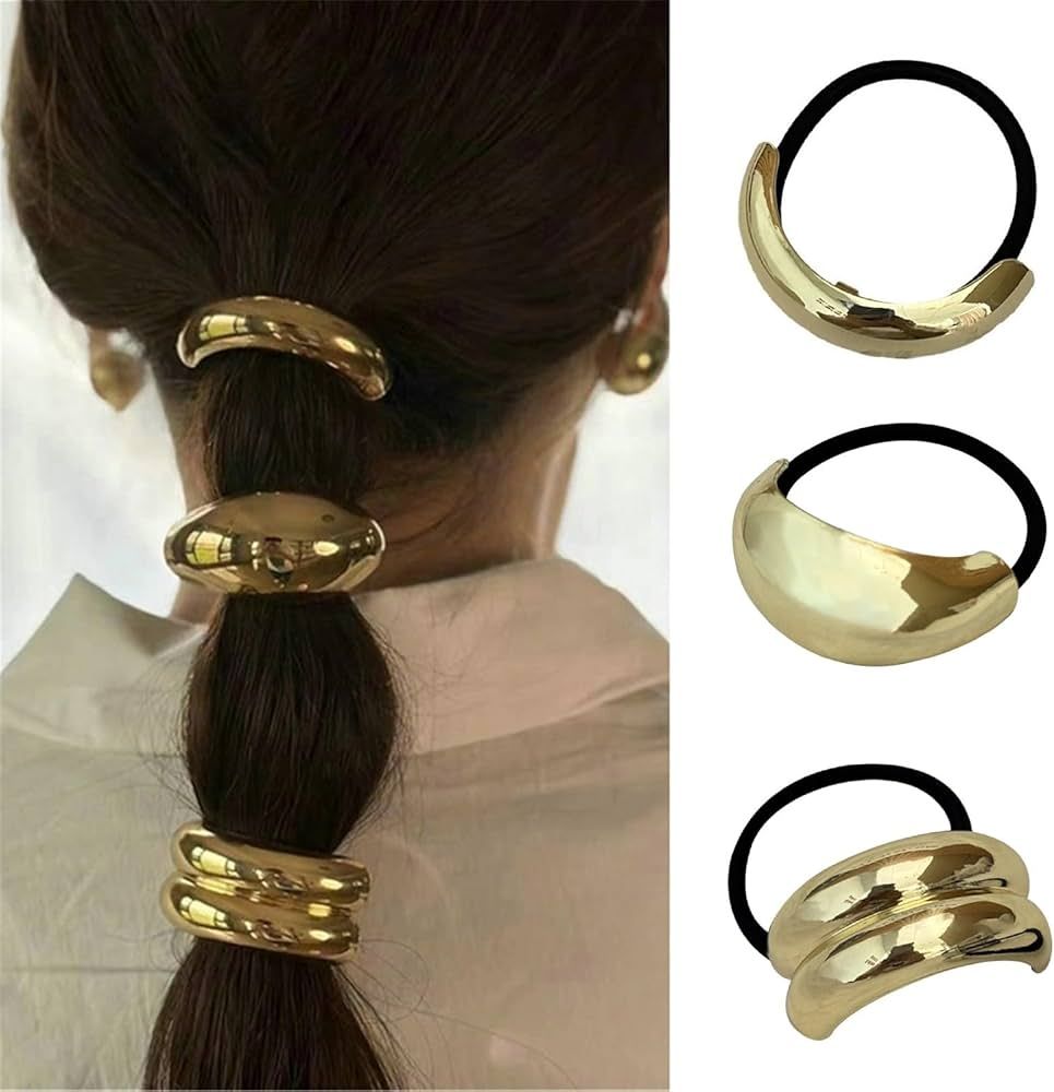 papasgix 3 PCS Metal Hair Tie, Ponytail Hair Cuff, Gold Hair Cuff, Gold Ponytail Cuff Silver Meta... | Amazon (US)