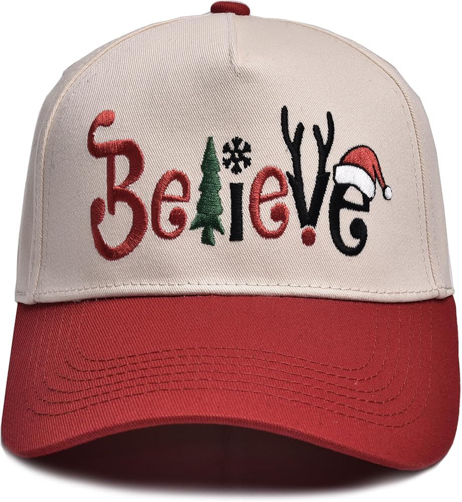 Christmas Trucker Hat- 3D Embroidered Adjustable Cotton Believe Baseball Caps for Men Women Red | Amazon (US)