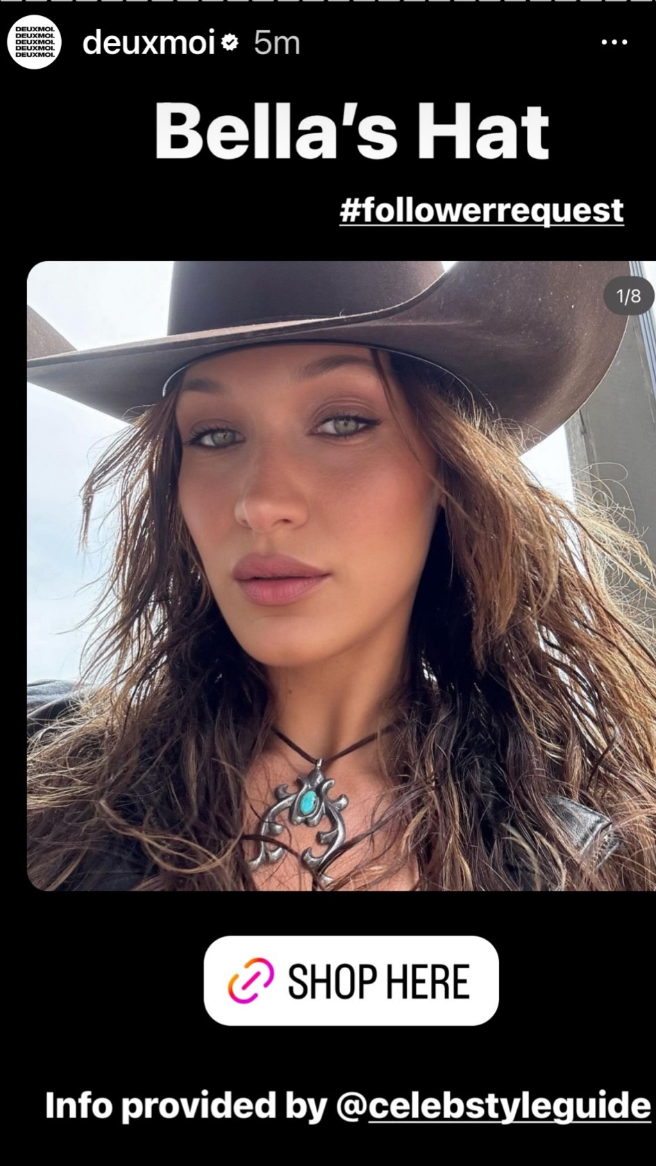 DEUXMOI  celebrity style ID request who designed Bella Hadid's chocolate brown western cowboy hat? #BellaHadid


#LTKstyletip
