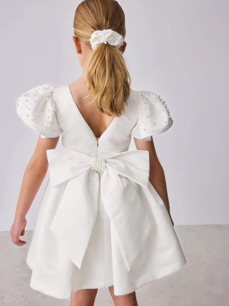 Baker by Ted Baker White Pearl Sleeve Satin Occasion Dress & Scrunchie | Next US